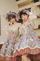 Rosa/Grün Bär Puppe Wand Druck Rüschen Stickerei Bowknot Süße Korsett Lolita Jsk Kleid